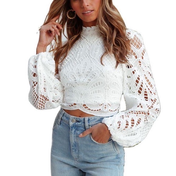 Cropped stand collar top, crafted in Intricate guipure lace. - Picture 8 of 8